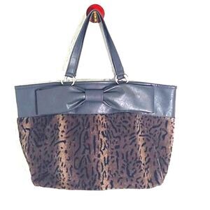 Furry Leopard Print & Gray Faux Leather Large Handbag or Tote with Big Gray Bow